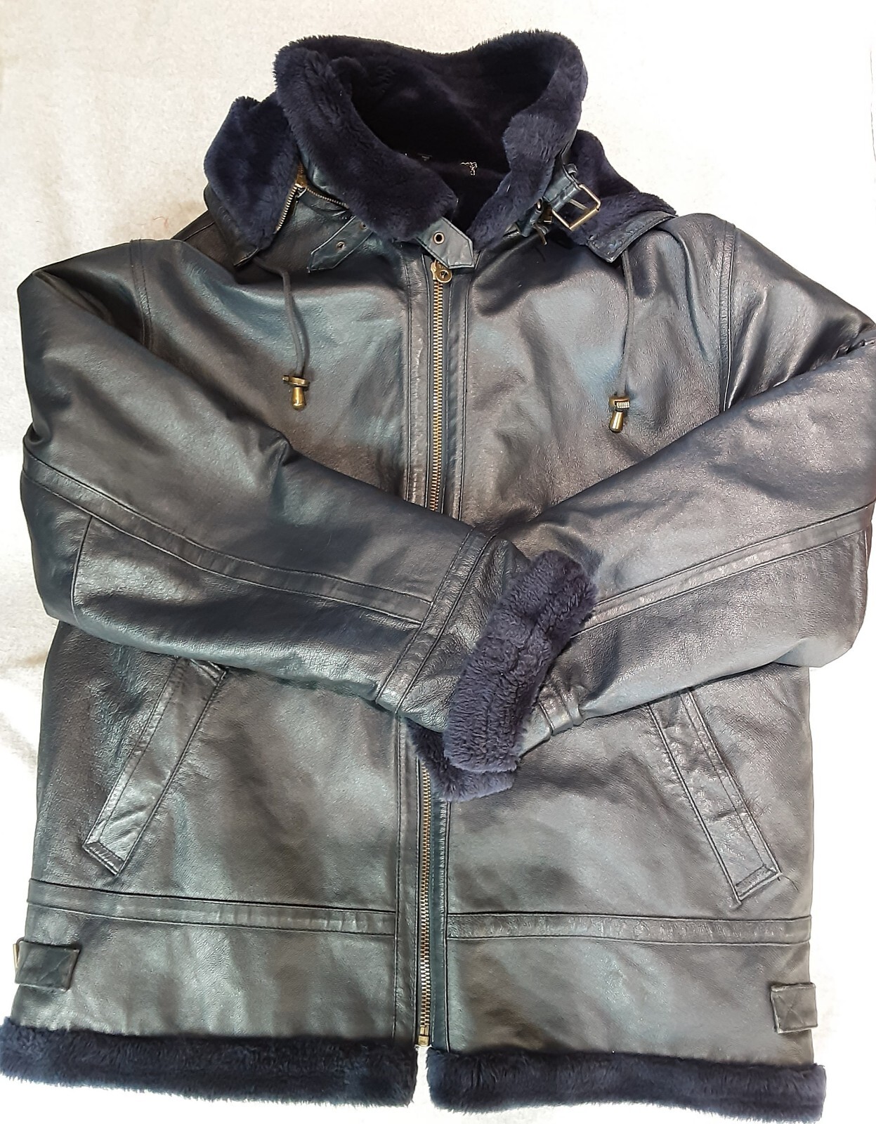Tanners Avenue New York Blue Leather Jacket Coat Mens 3XL Hooded Fleece