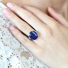 14.63 Carat Royal Blue Cushion Sapphire With White CZ Accents 925 Silver Ring