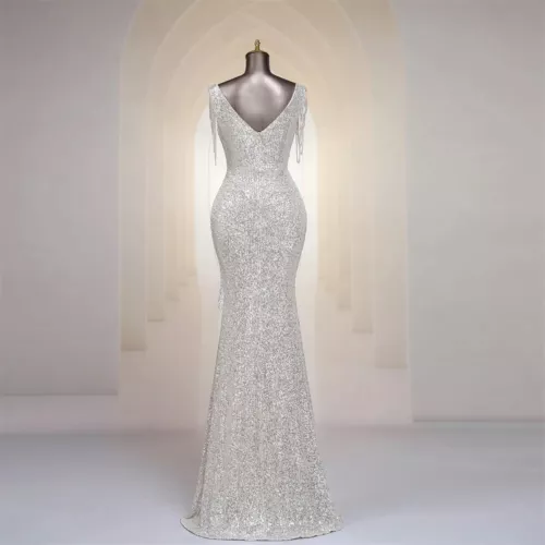 Evening Dress Tassel V Neck Ruffles High Split Women Sequin Long Prom Party Gown - Picture 21 of 30
