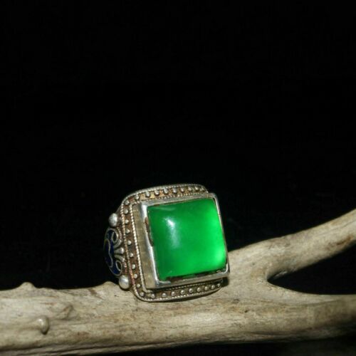 Chinese Old Craft Made Old Tibetan Silver Inlaid Green Jade Silver Ring - Picture 2 of 9