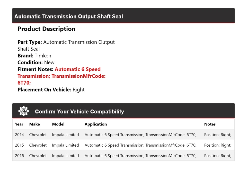 Уплотнение выходного вала для Chevrolet Impala 2014-2016 годов выпуска ограниченного выпуска для правой коробки передач Timken - Изображение 2 из 4