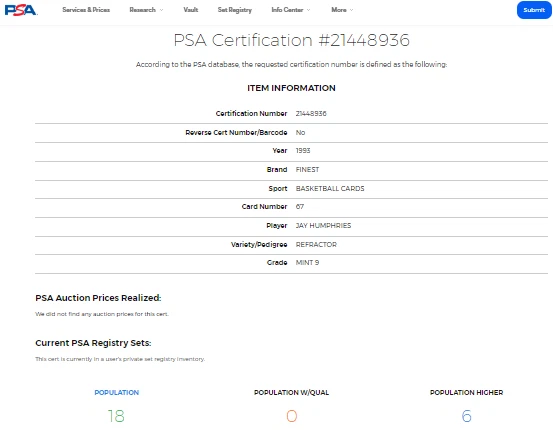 1993 1993-94 Topps Finest Refractor #67 Jay Humphries PSA 9 Only 6 Graded Higher - Image 3 of 3