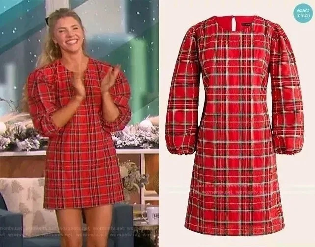 Mini vestido recto J Crew para mujer XS rojo manga abullonada en buenas nuevas a cuadros Foto 4 de 4