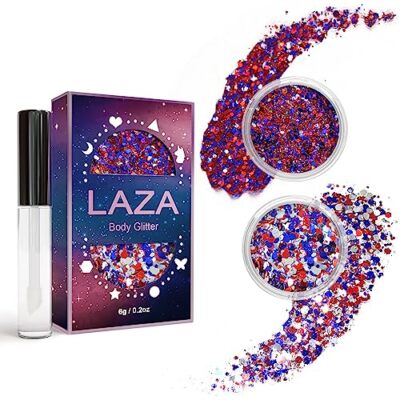  Independence Day Body Glitter, 2 Jars Red Blue White Chunky Circus Carnival