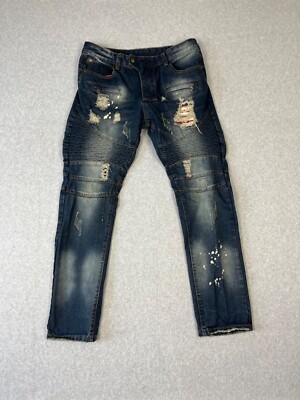 Bie Pa Paris Jeans Mens 34x32 Blue Denim Moto Style Biker Zipper