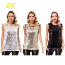 Damen Pailletten Tank Top Oberteil Ärmellos Shirt Weste Party Disco Tanz Outfit