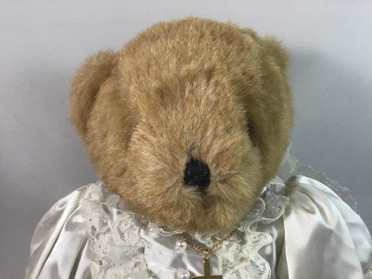 Tender Heart Treasure Jointed Bear with White Lace Dress Cross