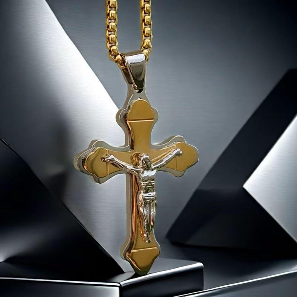 Mens Cross Necklaces, Gold Stainless Steel Cross Pendant Necklace For