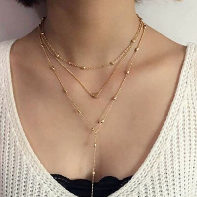 Halskette lang mehrlagig Herz Kette Festival Halsreif Anhänger Gold Silber UK