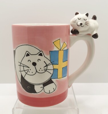 Pink Kitty Cat Coffee Mug Cup by Indra Fine Stoneware 3D Cat Resting On Handle