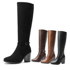 Women Chunky Block Heel Knee High Boots Almond Toe Side Zipper Riding Boots