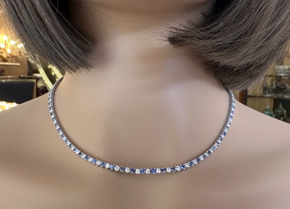 Теннисное ожерелье с сапфиром и бриллиантами 3 зубца 17 дюймов белое золото 18 карат - HM2680ZE