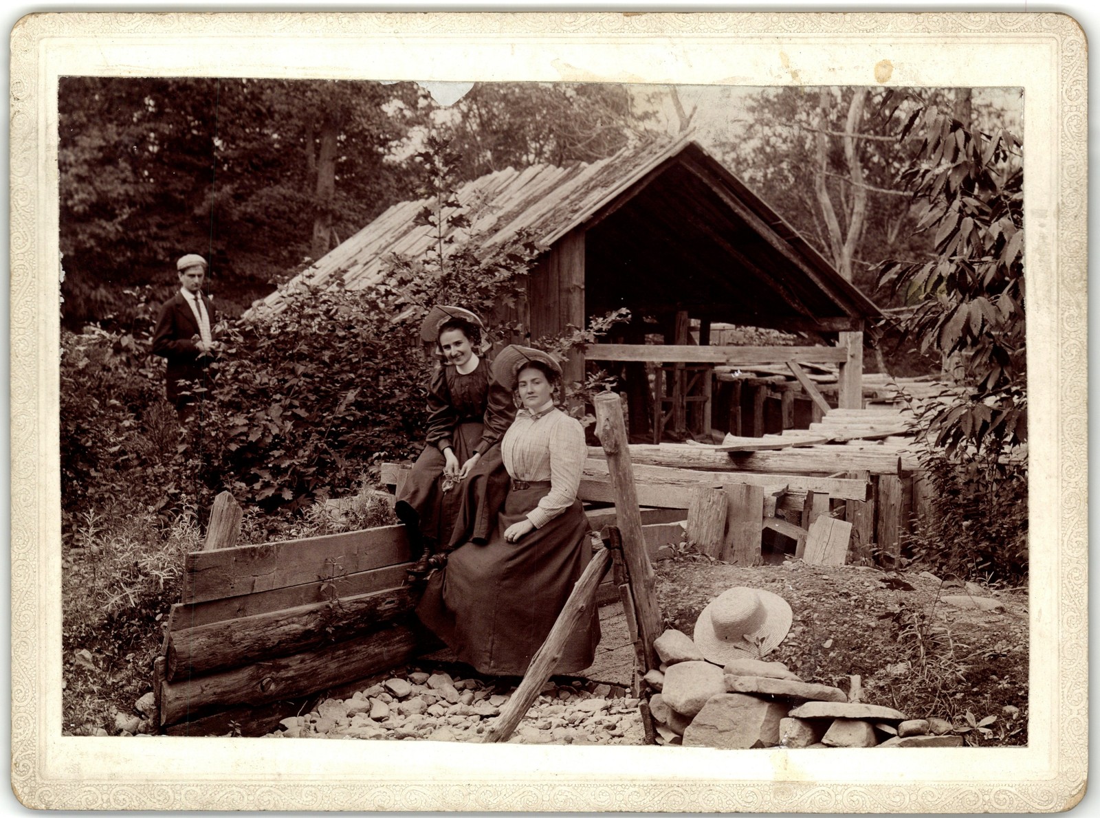 Mounted Board Photo Two Women & Man At Rustic Wood Mill Shed Ghost-Print