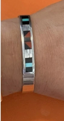 Zuni Cuff Bracelet Silver With Turquoise, Mother Of Pearl, Onyx Inlay - Signed - Image 1 of 4