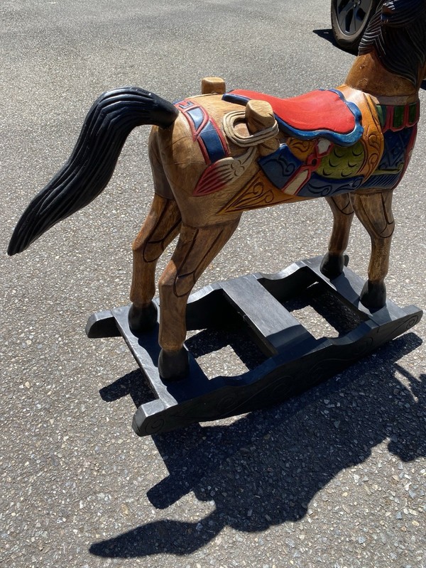 Hand Painted Wooden Rocking Horse w/ Decorative Saddle, Black Rocker Base