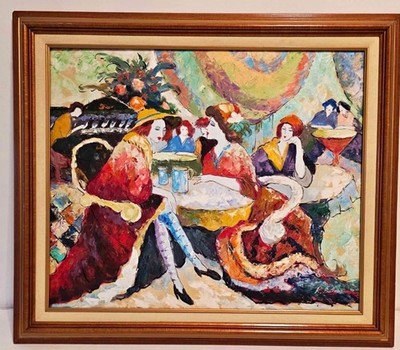 Original Ölbild Signiert K. Barnes Klassische Damen beim Tee Bistro Selten