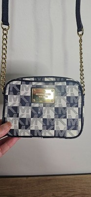 Michael Kors Jet Set MK Logo Small Signature Camera Crossbody Bag Navy Gold HW