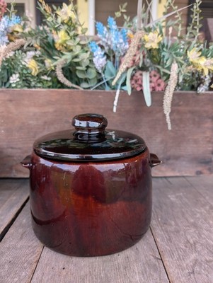 Vintage Unmarked Brown Glazed Stoneware Bean Pot w/ Lid