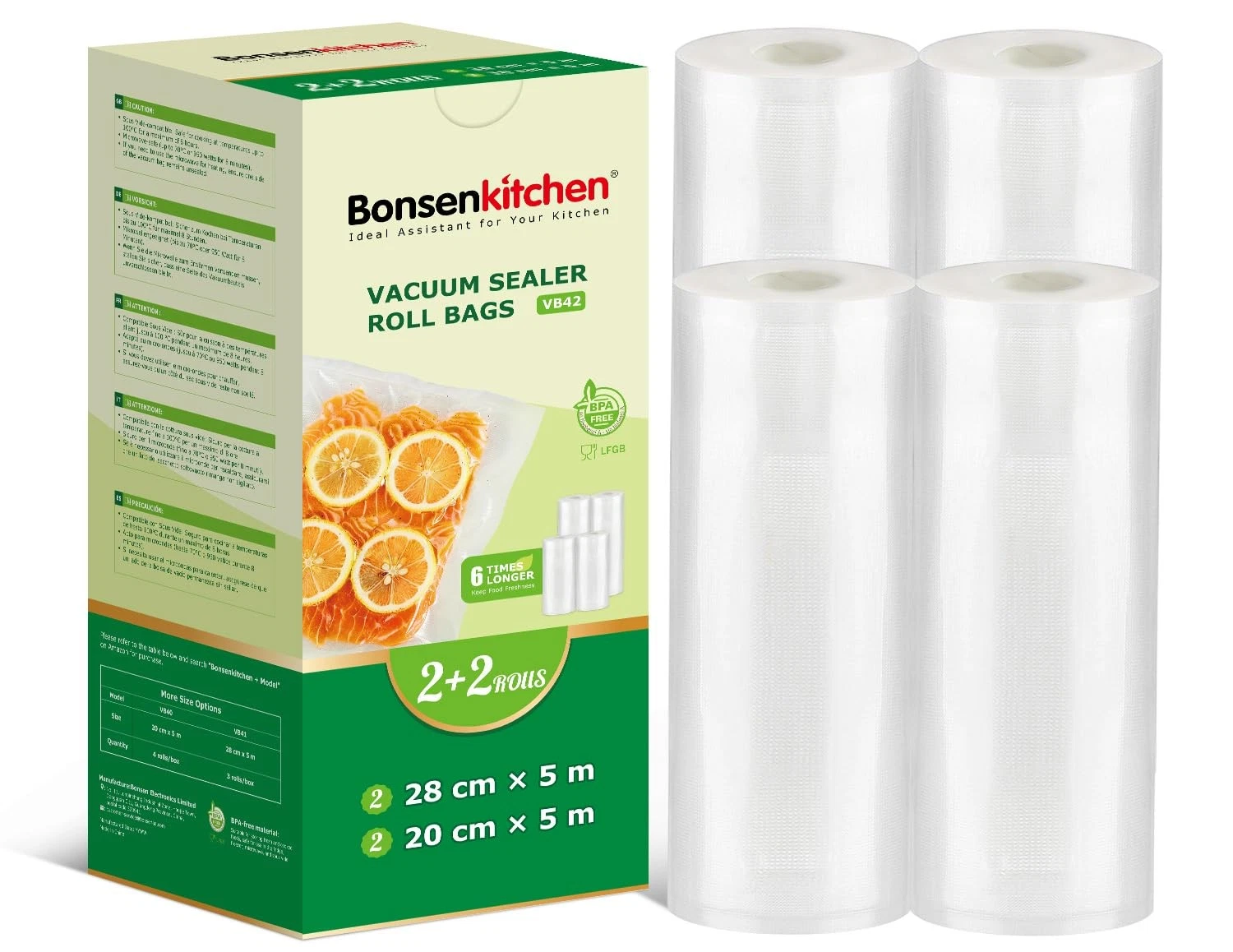 Bonsenkitchen Vacuum Food Sealer 2 Rolls 20x500cm+2 28x500cm, Green