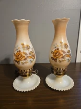 Set Of 2 VTG Milk Glass Hurricane Lamp Floral Shade Scalloped Base Table Lights