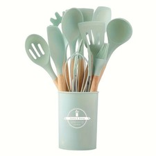12 PCS Silicone Kitchenware Utensil Set with Wooden Handle  Holder Green USA