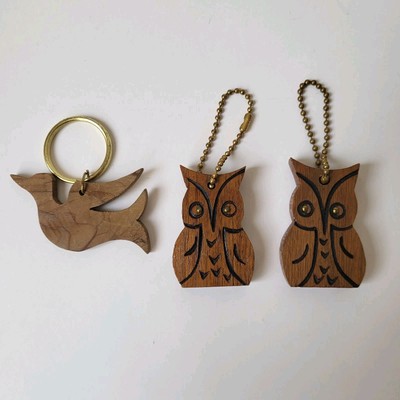 Owl and Duck Keychain Rings (3) Brown Wood Animals Nature Backpack Bag Key Art