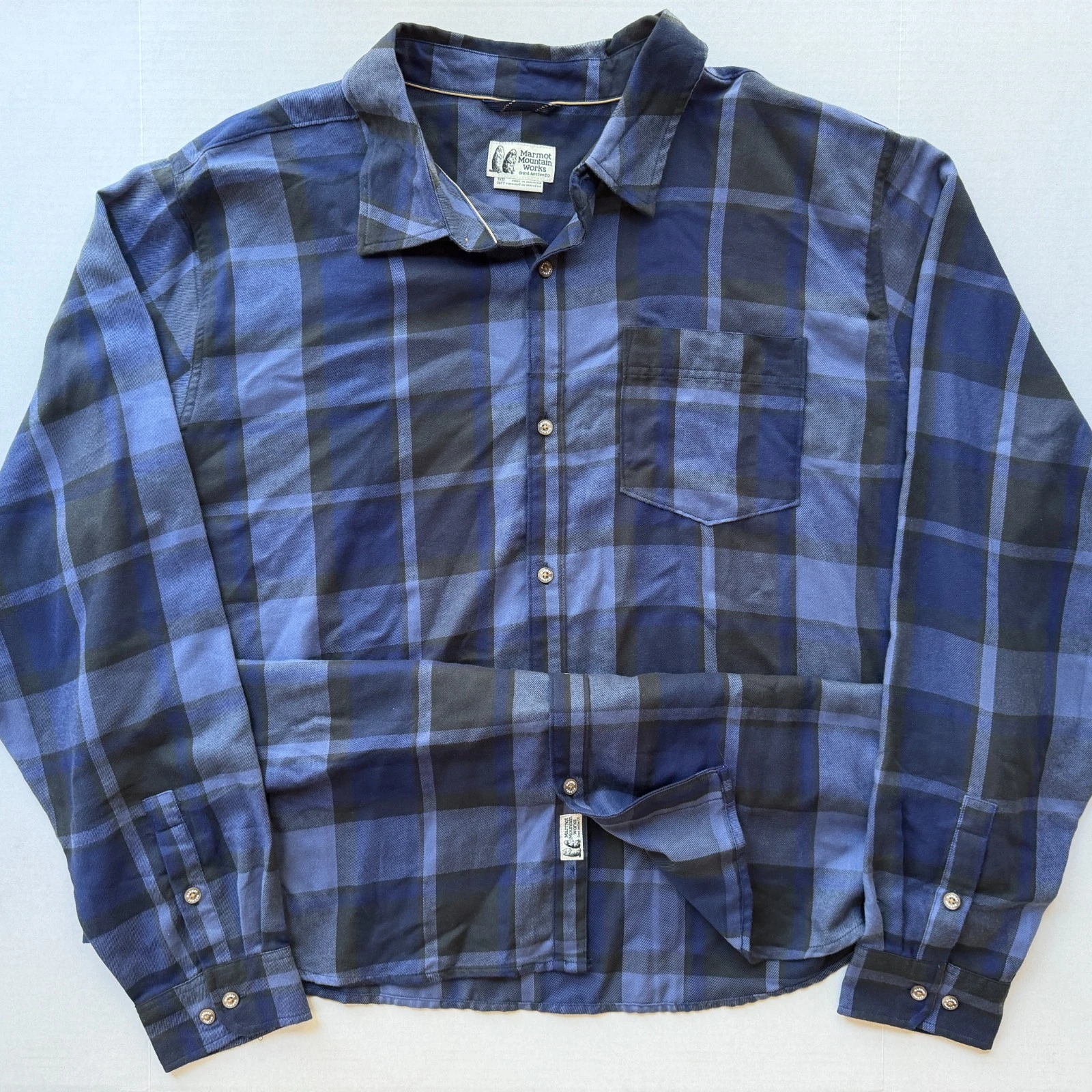 Marmot Mountain Works Flannel Shirt Mens 3XT Blue Plaid Button Up Casual Outdoor