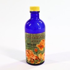 Vintage Perfume Rose Water Bottle Cobalt Glass France Eau De Roses Extra Empty