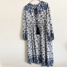 R VIVIMOS Plus 2X Midi Dress Floral Boho Tasseled Bohemian Peasant Blue