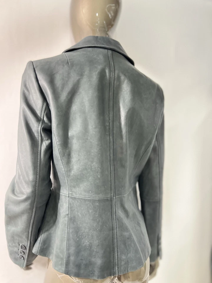 CONTEXT Leather Jacket Womens Size 6 Dark Green Short Blazer One Button - Image 3 of 4