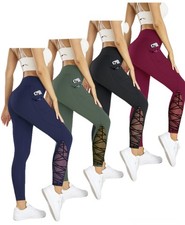 Women Fitness Leggings Two Side Pocket Gym Lace High Waist Stretch Yoga Pants 