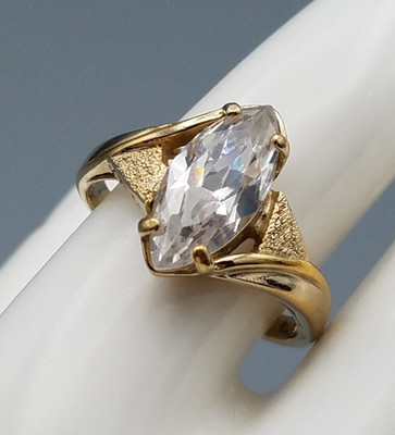 UTC Vintage Gold Plated Clear CZ Marquise Cut Sterling Silver 925 Ring Size 9.75