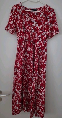 D&K BASIC Damen klassisches Midi Kleid rot/weiß Blumen Kurzarm Rundhals Gr. 38