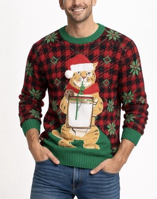   Ugly Christmas Cat Sweater Mens Plaid Holiday Knit Funny Festive Large  
