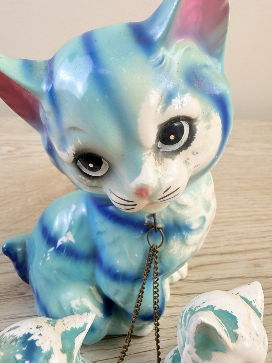 Vintage Kitsch Blue Mom Cat With Two Kittens On Chains Japan | eBay