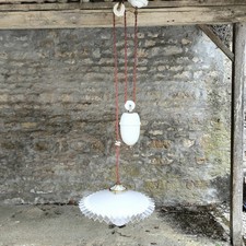 Vintage 1930s French Rise & Fall Ceiling  Opaline Glass Light Coolie Shade Set