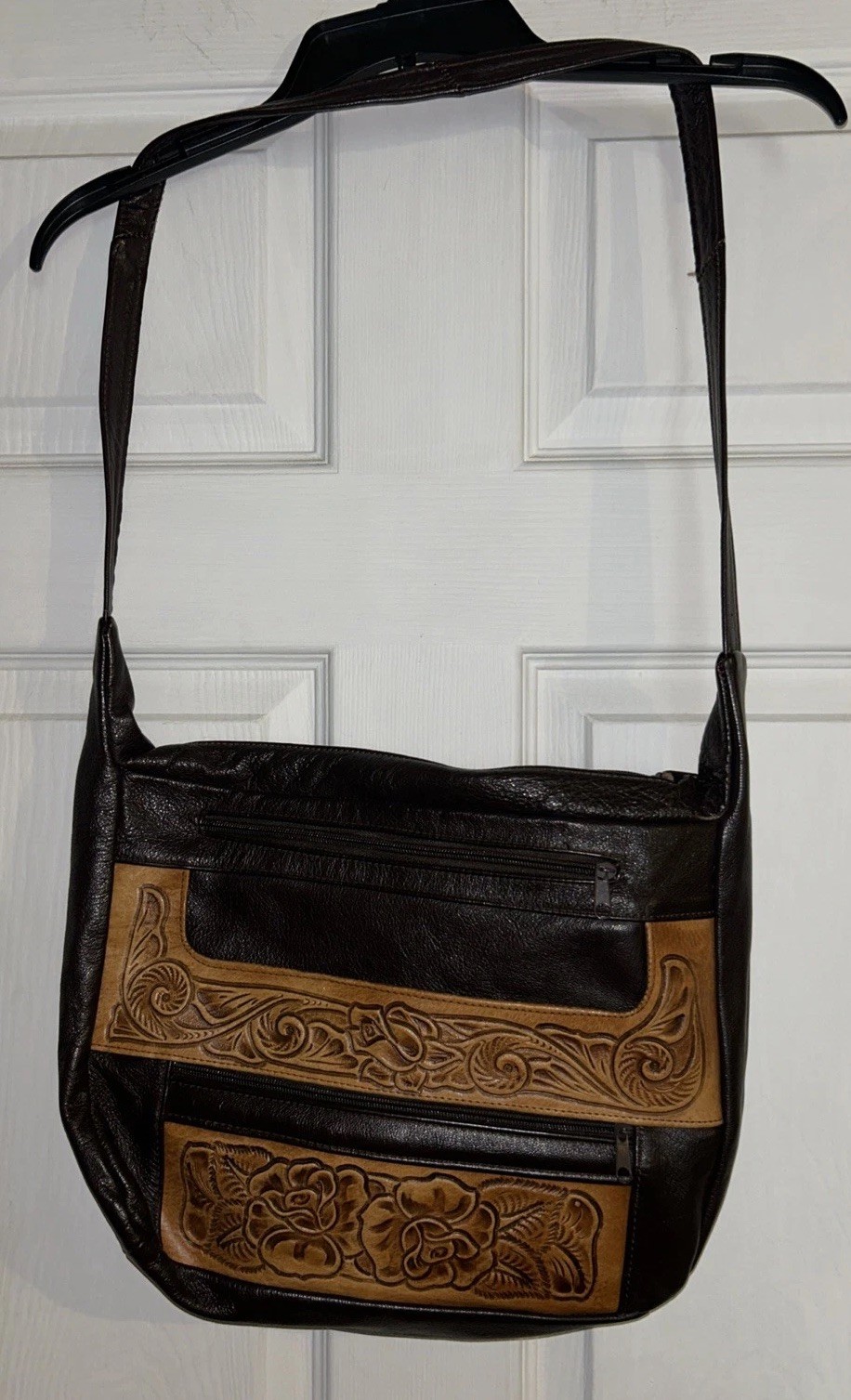 Genuine Leather Hand Tooled Embossed Brown/tan Mexican Shoulder Bag Purse
