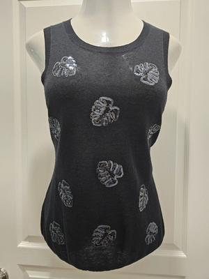 #ad TOMMY BAHAMA LIGHT WEIGHT BLACK TANK SWEATER WITH SEQUIN LEAF DESIGN SIZE S $29.99