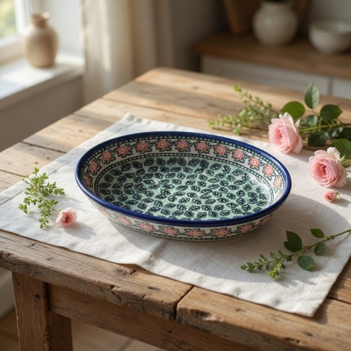 UNIKAT Polish Pottery Oval Serving Dish 11" Roses Leaves J. Chyla Vintage