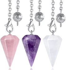 3 Pcs Crystal Pendulums Set for Divination Dowsing Natural Amethyst Rose Quartz