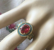Antique Vintage Sterling Silver Ring Gold Accents with Ruby and Jade size 6 or N