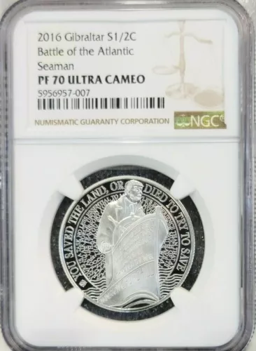 2016 GIBRALTAR SILVER 1/2 CROWN BATTLE OF THE ATLANTIC NGC PF 70 ULTRA CAMEO