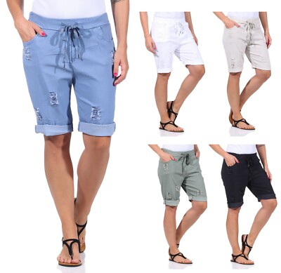 Bermuda Shorts Damen 38 40 42 44 46 Jeans Shorts Kurze Vintage Capri Hosen Risse