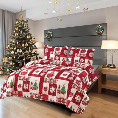 Christmas Quilt Set Size 3Piece Xmas Bedspread King Red White Green eBay