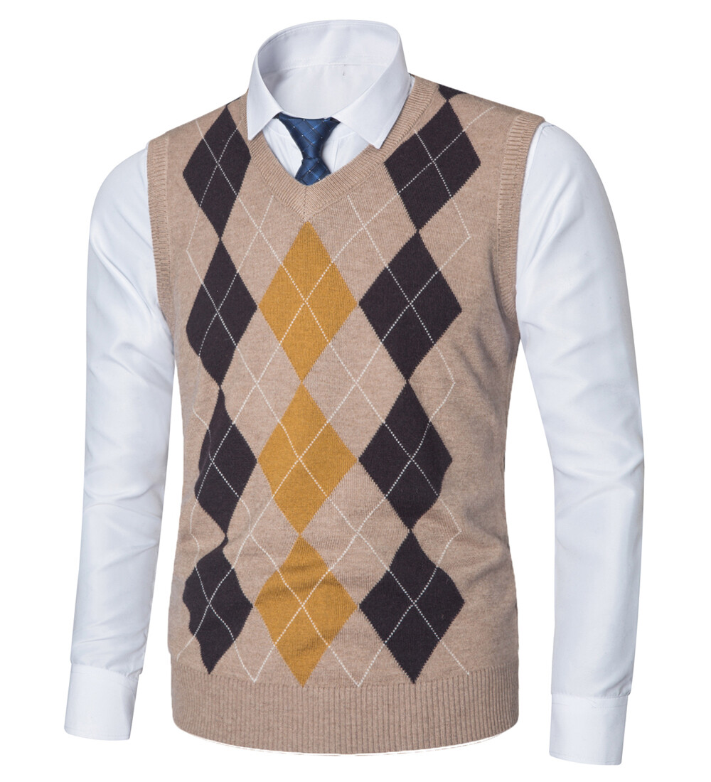 Mens Knitted Sweater Vest Sleeveless VNeck Argyle Jumper Tank Top