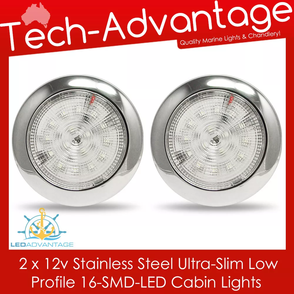 2 X 12V STAINLESS STEEL SLIM 16 LED SURFACE MOUNT CABIN LIGHTS