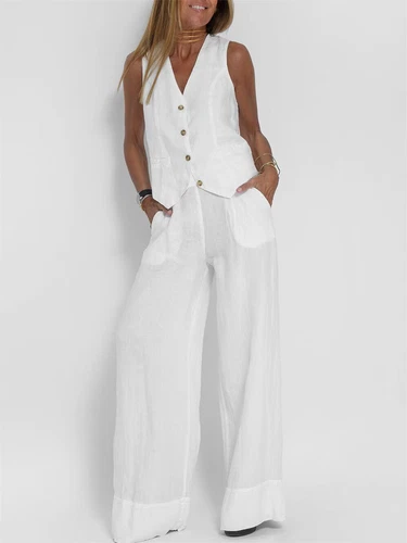 Women's 2 Piece Outfit, Sleeveless, Button Up Vest, Long Pants, Linen Set - Picture 9 of 13