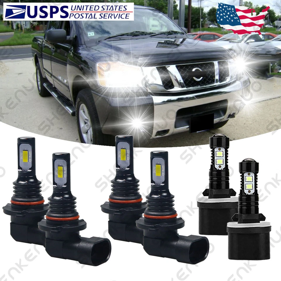 适用于日产 Armada 05-10 Titan 04-15 - 6X LED 车头灯 H/L + 雾灯灯泡 HKB — 第 2/4 张图片