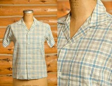 1960s Cotton Plaid Blue and White Short Sleeve Front Pocket Button Down Dress Sh