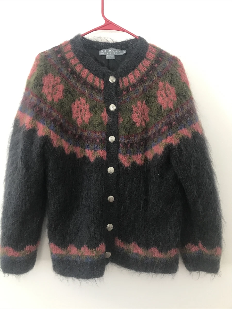 Vintage Icelandic Design Wool Mohair Cardigan Black Sweater Small Womens